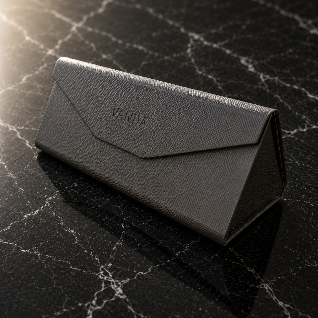 Black VANDA foldable eyewear case with textured finish